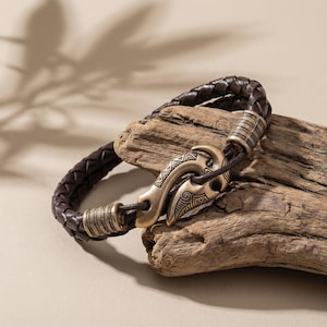 Pulsera con forma de anzuelo para hombre, pulsera de cuero estilo náutico, joyería con anzuelo de bronce, regalo para surfista costero, pulsera para viajero del océano