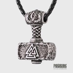 Huge Mjolnir Pendant with Valknut and Triquetra  - Thor's Hammer Necklace - Viking Jewelry - Mjolnir Necklace for Men Women - 001-707