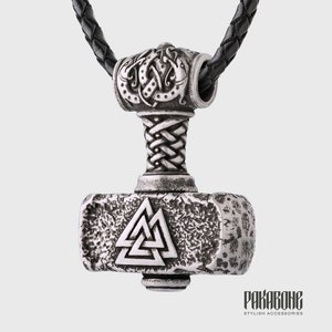 Huge Mjolnir Pendant with Valknut and Triquetra  - Thor&#39;s Hammer Necklace - Viking Jewelry - Mjolnir Necklace for Men Women - 001-707