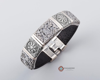 Viking Bracelet Mammen style with Bronze Charms: Great Beast - Vegvisir - Yggdrasil - Helm of Awe - Fjalar art. 001-424