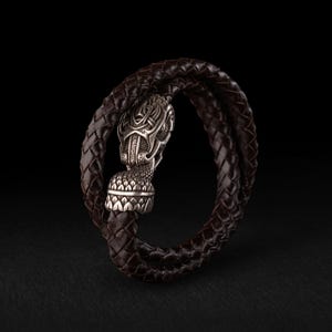 Jormungandr Viking Bracelet, Silver-Plated Bronze World Serpent Ouroboros Jewelry, Norse Pagan Leather Bracelet