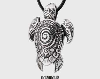 Sea Turtle Silver Necklace with Maori Ornament Gift for Men Women Polynesian Pendant for Him Her Ocean Surfer Beach Tribal Jewelry 001-590