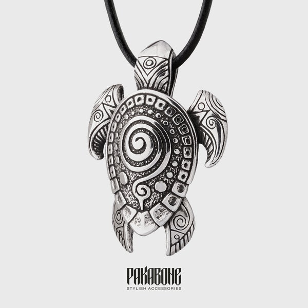 Sea Turtle Silver Necklace with Maori Ornament Gift for Men Women Polynesian Pendant for Him Her Ocean Surfer Beach Tribal Jewelry 001-590