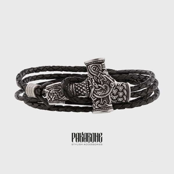 Viking Leather Bracelet with Thor's Hammer Gift for Men and Women Protection Mjolnir Bracelet for Him and Her Viking Norse Jewelry 001-621