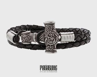 Viking Leather Bracelet, Thor's Hammer Mjolnir Jewelry, Norse Men's Bracelet, Nordic Pagan Accessory, Viking Jewelry Gift for Him