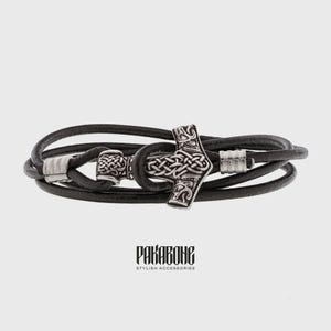 Viking Leather Bracelet with Thor’s Hammer, Handmade Norse Mjolnir Jewelry, Mjolnir Leather Cord Bracelet, Meaningful Protection Amulet Gift