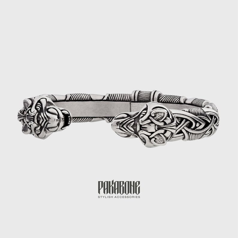 Viking Warrior Bracelet Norse Metal Adjustable Arm Ring Cuff Torc with Wolf Heads Viking Jewelry for Men Women Gift for Him and Her 000-923 image 2