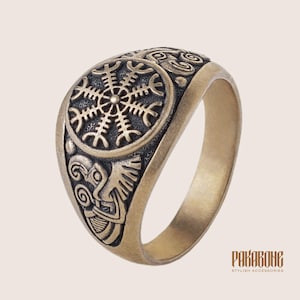 Viking Ring Helm of Awe and Odin's Ravens Hugin Munin - Viking Jewelry for Men Women art  001-226