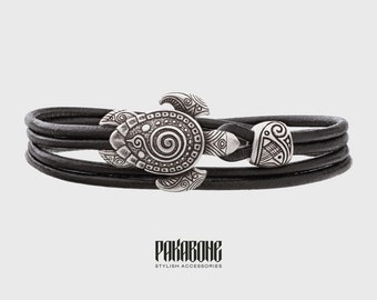 Maori Leather Bracelet with Sea Turtle Armband for Men and Women Polynesian Nautical Tribal Beach Ocean Jewelry Gift for Him and Her 001-578