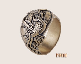 Viking Ring with Odin's Ravens  - Norse Ring with Hugin and Munin - Viking Jewelry for Men Women art 001-353