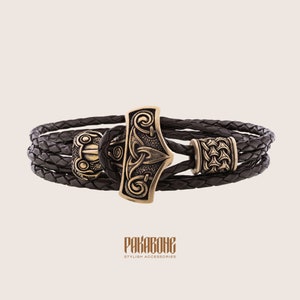 Viking Leather Bracelet with Thor's Hammer Gift for Men and Women Protection Mjolnir Bracelet for Him and Her Viking Norse Jewelry 001-619