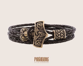 Viking Leather Bracelet with Thor's Hammer Gift for Men and Women Protection Mjolnir Bracelet for Him and Her Viking Norse Jewelry 001-619
