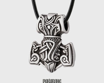 Viking Pendant Mjolnir with Raven - Sterling Silver Thor's Hammer Necklace - Viking Norse Pagan Nordic Jewelry Gift for Men Women - 001-429