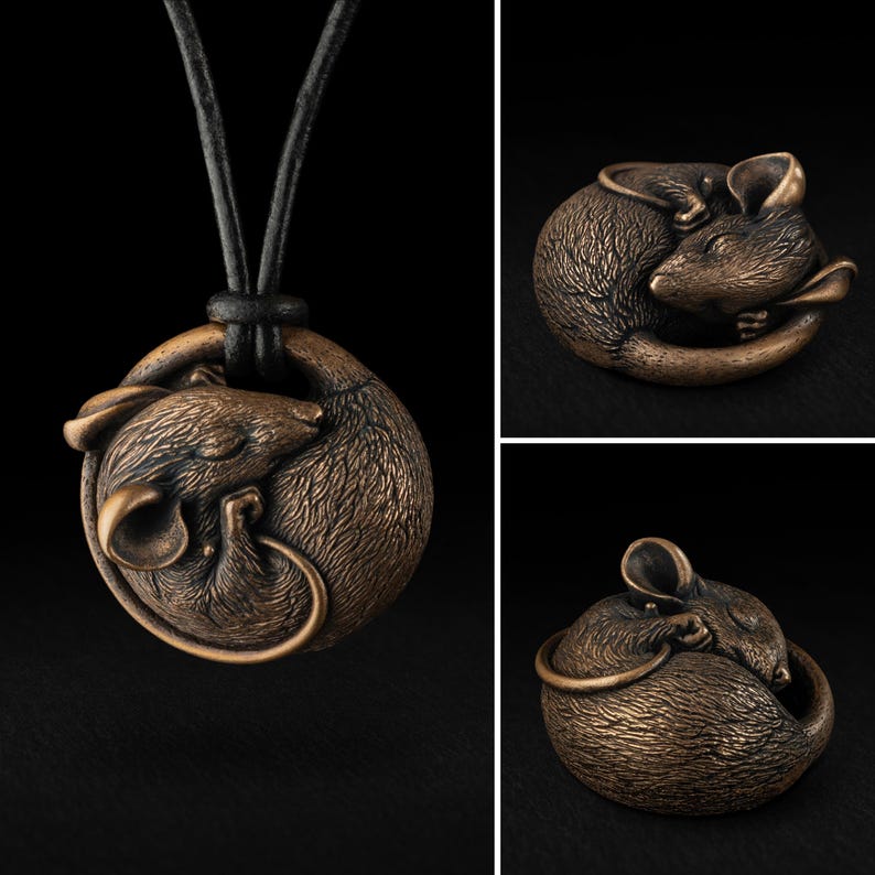 Bronze Miniature Sleeping Mouse Brass Animal Sculpture Mouse Collectible Figurine Netsuke Style Statuette Miniature Pendant Mouse 001-576 image 3