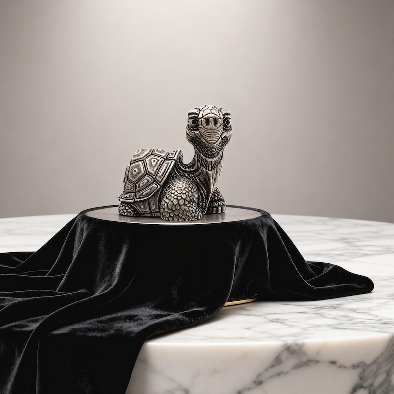 May include: A detailed silver-colored turtle figurine with a textured shell and smiling face. The turtle sits on a round, silver-colored platform covered with a black velvet cloth. The figurine is a decorative item.