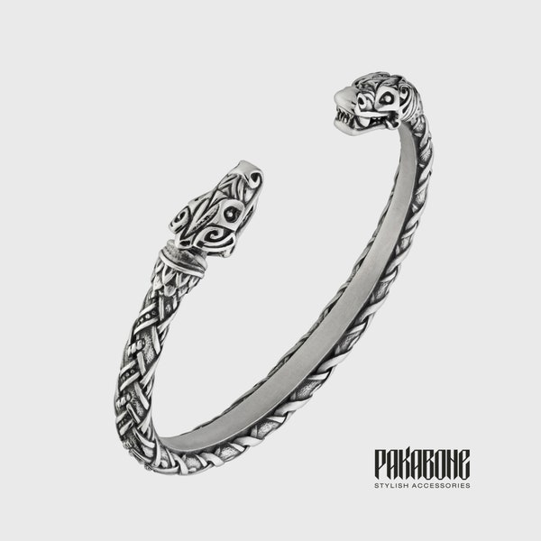 Viking Bracelet With Wolf Heads Hati Scoll - Norse Torc - Nordic Cuff - Viking Jewelry 925 Silver sku 001-430