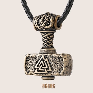 Bronze Huge Mjolnir Pendant with Valknut and Triquetra Viking Jewelry Thor&#39;s Hammer Norse Pagan Necklace Mjolnir Gift for Men Women 001-706