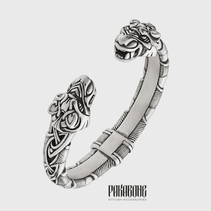 Viking Bracelet Sterling Silver - Norse Metal Arm Ring - Scandinavian Bracelet With Wolf Heads - Viking Jewelry for Men Women  001-595