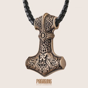 Bronze Necklace Mjolnir with Ravens Thor&#39;s Hammer Pendant Size Extra Large Viking Norse Pagan Nordic Jewelry Gift for Men and Women 001-035