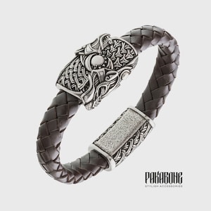 Viking Leather Bracelet with Scandinavian Wolves Scoll and Hati Gift for Men Women Norse Wristband for Him Her Viking Pagan Jewelry  001-745