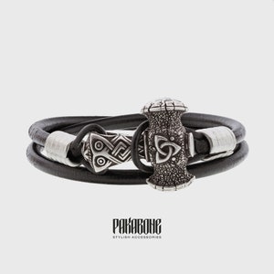 Viking Leather Bracelet with Thor&#39;s Hammer Gift for Men and Women Protection Mjolnir Bracelet for Him and Her Viking Norse Jewelry 001-045