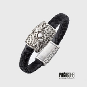 Viking Leather Bracelet with Wolves Skoll and Hati Norse Wristband Gift for Men and Women Pagan Viking Nordic Jewelry for Him and Her 01-169