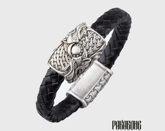 Viking Leather Bracelet with Wolves Skoll and Hati Norse Wristband Gift for Men and Women Pagan Viking Nordic Jewelry for Him and Her 01-169