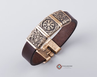Viking Bracelet Mammen style with Bronze Charms: Hugin - Vegvisir - Munin art. 001-380