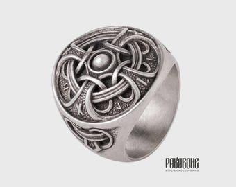 Silver Plated Bronze Viking Signet Ring with Norse Knot Design, Odin Nordic Jewelry