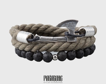 Viking Bracelets Set Wristband with Axe Triskelion and Lava beads Gift for Men and Women Armband for Him and Her Norse Jewelry 001-194