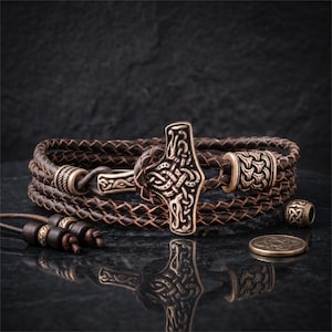 Retirement Gift for Him Viking Bracelet, Thor Hammer Leather Bracelet, New Chapter Bracelet, Norse Strength Jewelry, Mjolnir Wristband