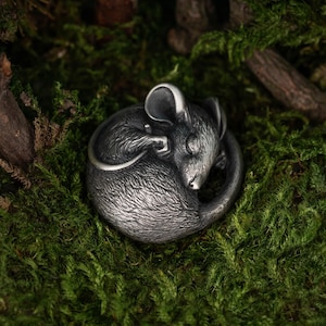 Sterling Silver Sleeping Mouse Figurine and Necklace, Miniature Animal Sculpture, Netsuke Style Statuette, Gift for Best Friend