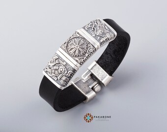 Viking Bracelet - Wristband with Charm Magical Symbols Characters Scenes from Norse Mythology - Unique Jewelry Gift for Men Women - 001-376