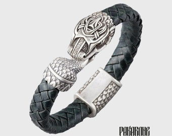 Viking Leather Bracelet Jormungandr Wristband Ouroboros Dragon Norse Armband for Him and Her Viking Jewelry Gift for Men and Women 001-319