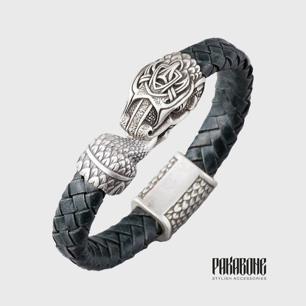 Viking Leather Bracelet Jormungandr Wristband Ouroboros Dragon Norse Armband for Him and Her Viking Jewelry Gift for Men and Women 001-319