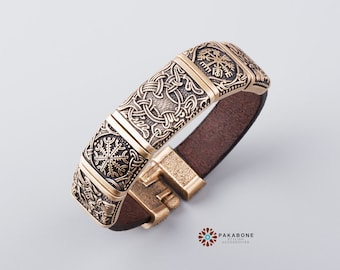 Viking Bracelet Mammen style with Bronze Charms: Hugin - Vegvisir - Yggdrasil - Helm of Awe - Munin art. 001-383