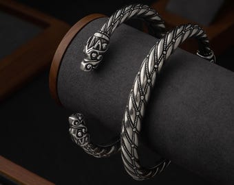 Viking Bracelet Norse Metal Arm Ring - Scandinavian Adjustable Cuff With Dragon Heads - Gotland Torc - Viking Jewelry for Men Women 001-593
