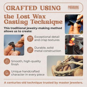 The image is a collage of four photographs depicting the traditional jewelry-making process using the Lost Wax Casting Technique. The text highlights the benefits of this technique, such as the ability to create exceptional detail and crisp textures, durable solid metal construction, smooth and high-quality finish, and unique handmade character in every piece. The image is described as a centuries-old technique trusted by master jewelers, emphasizing its historical and artisanal nature.