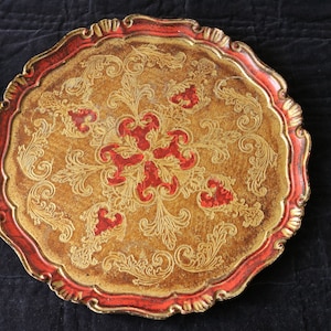 Vintage Tray, Florentine Tray, big Tray, wooden snack, wooden tray, snack tray, gold and read // Handmade wooden snack tray // Home Decor