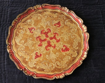 Vintage Tray, Florentine Tray, big Tray, wooden snack, wooden tray, snack tray, gold and read // Handmade wooden snack tray // Home Decor