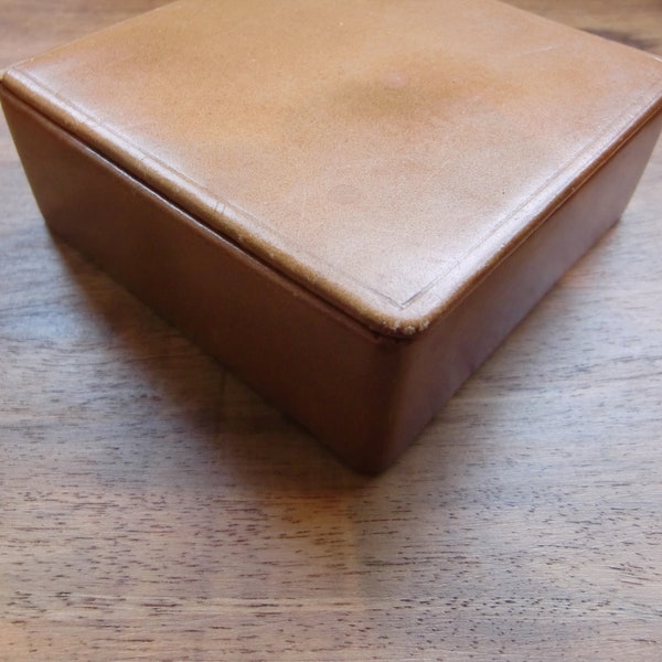 Vintage Jewelry Box, square leather & wood, handmade storage and home decor