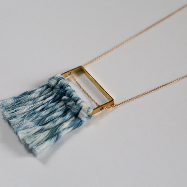 Shibori Indigo Dyed Fiber Fringe Necklace with Raw Brass