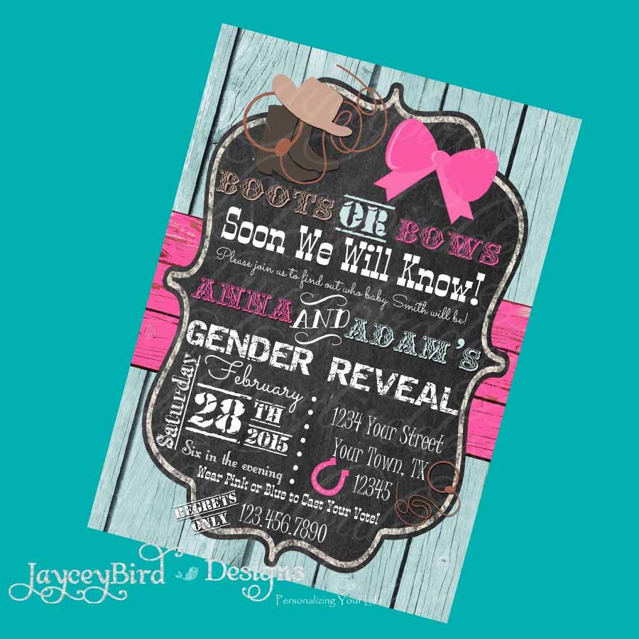 Personalized Boots or Bows Gender Reveal Printable Party Baby Etsy
