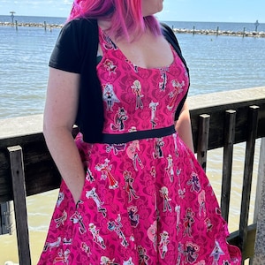 May include: A pink dress with a black waistband and pockets. The dress has a print of cartoon characters from the show "Helluva Boss".