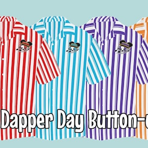 May include: Five striped button-up shirts in red, blue, purple, orange, and green with a cartoon character wearing a hat on the left chest pocket. The shirts are all white with vertical stripes. The text "Dapper Day Button-up Shirts" is below the shirts.