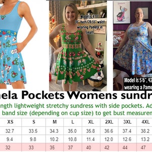 Pode incluir: Um vestido de ver&atilde;o sem mangas at&eacute; o joelho com decote redondo e bolsos laterais, apresentando um padr&atilde;o natalino repetitivo de personagens de desenhos animados e guirlandas. O vestido &eacute; exibido em azul claro e verde com uma tabela de tamanhos.