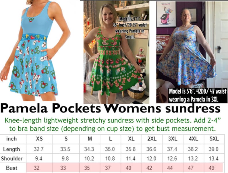 Pode incluir: Um vestido de ver&atilde;o sem mangas at&eacute; o joelho com decote redondo e bolsos laterais, apresentando um padr&atilde;o natalino repetitivo de personagens de desenhos animados e guirlandas. O vestido &eacute; exibido em azul claro e verde com uma tabela de tamanhos.