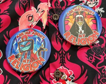 Hell Hotel Alastor Vox Adam pinback button Hazbin RadioStatic