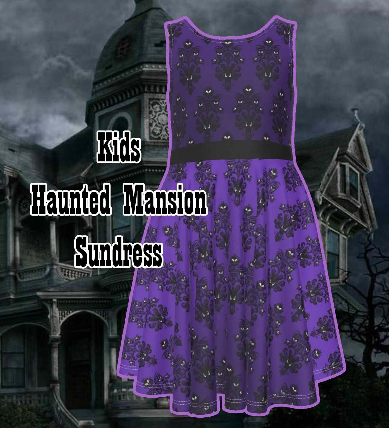 Girls Haunted Mansion purple wallpaper sundress
