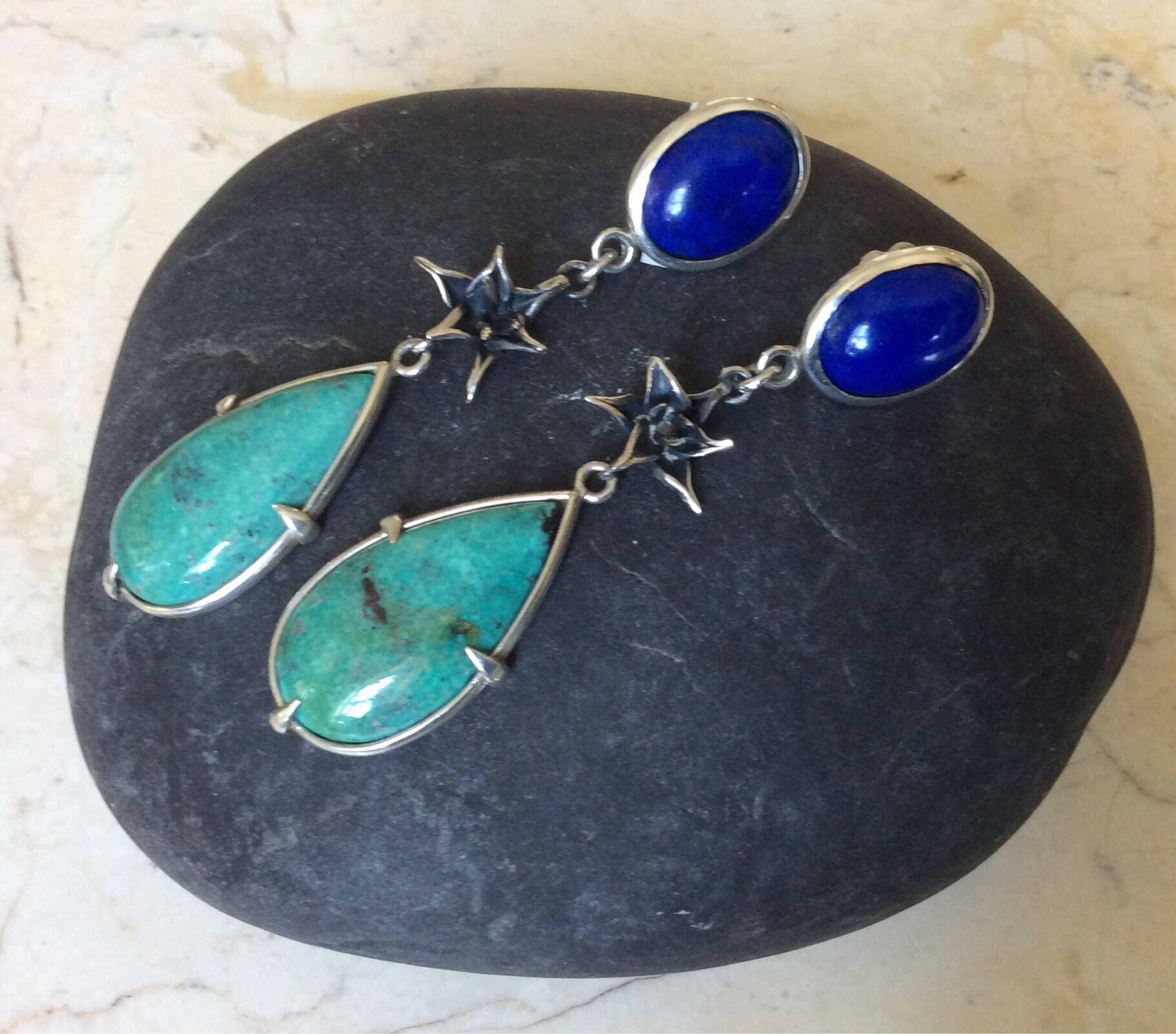 Turquoise and lapis earrings with hand crafted orcid flower | Etsy